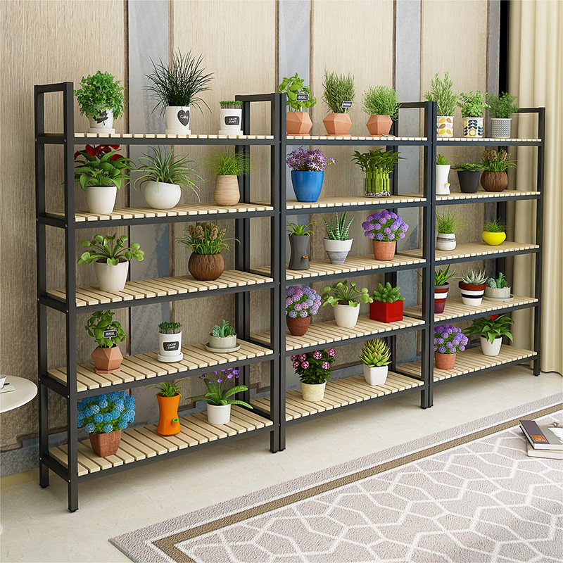 Buy Customizable large iron flower rack solid wood balcony floor flower