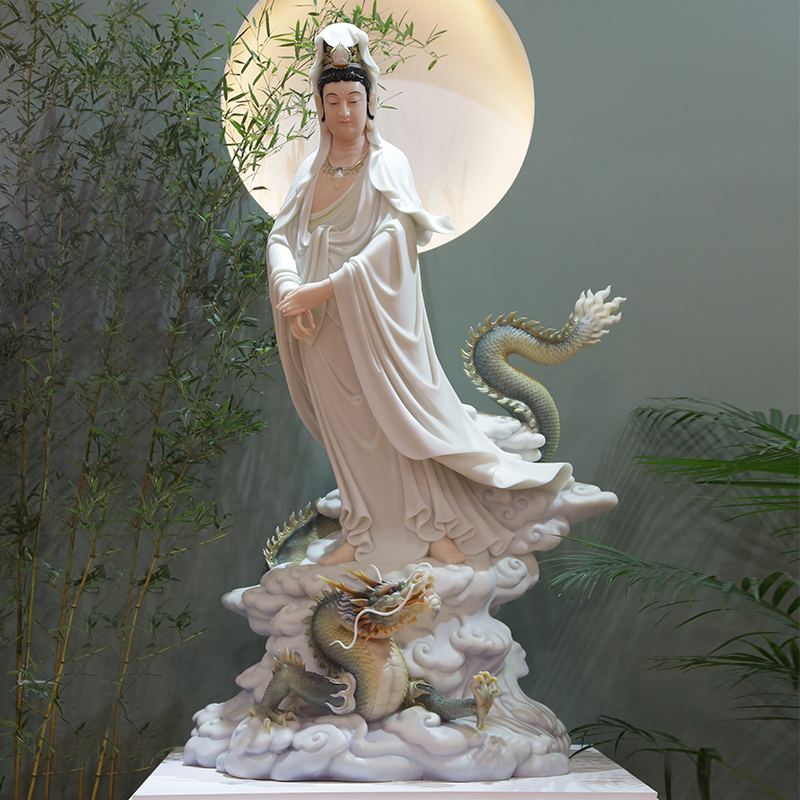 汉白玉骑龙乘龙观音佛像南海观音站像三十三化身供奉家用中式摆件