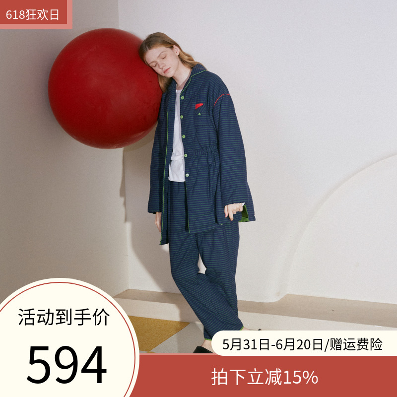 朵朵可可睡衣女 冬季新款梭织夹棉条纹翻领长袖中长款家居服套装