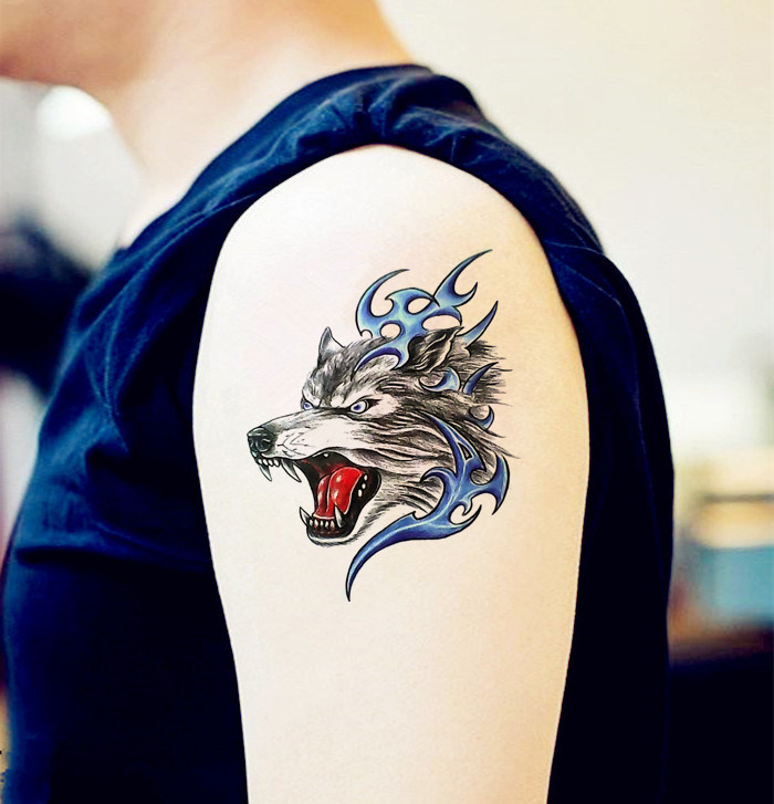 狼头图腾纹身贴防水男凶猛火焰狼头持久花臂胸部手臂仿真刺青贴纸