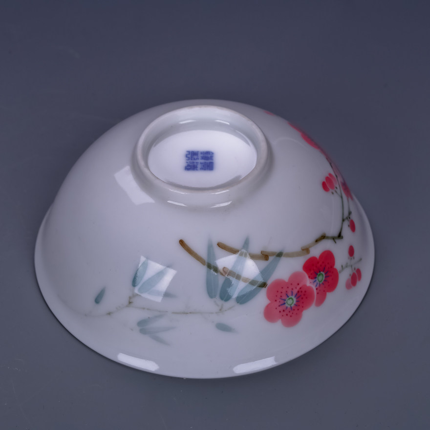 【当代官窑】 翠竹红梅盖碗