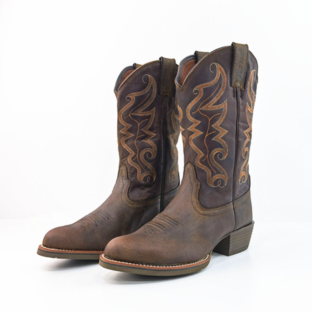 欧美西部牛仔靴男靴骑士马靴牛皮套筒机车靴子小圆尖头