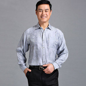 中老年男士真丝衬衫长袖夏季宽松桑蚕丝丝绸男装老人衬衣爸爸夏装