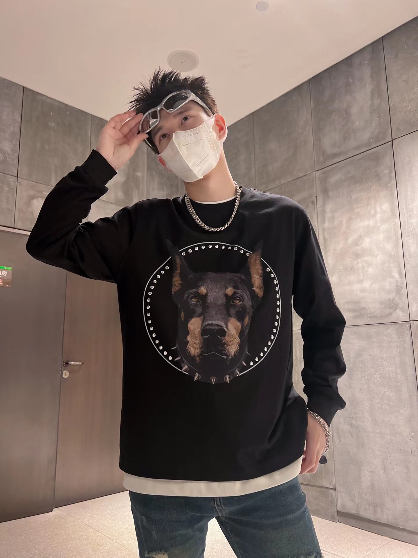 美式潮牌休闲帅气杜宾犬印花卫衣男ins潮流男士大码套头一树外套