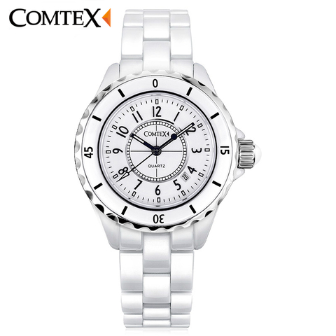 COMTEX/卡帝仕手表女表石英表时尚潮流女士腕表百搭陶瓷表女白色