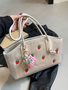 夏季旅游编织包托特包女2024新款田园度假风草莓刺绣手提包通勤包