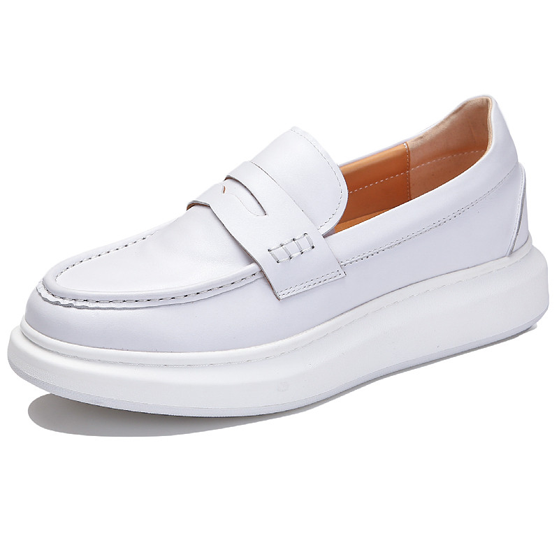 乐福鞋新款增高豆豆鞋男士小白鞋休闲皮鞋男款潮牌真皮白色厚底鞋