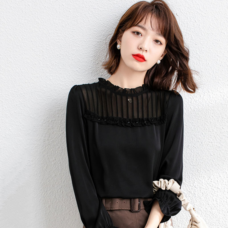 2021年秋季新款长袖雪纺衫女设计感洋气小衫早秋显瘦遮肚t恤衬衫