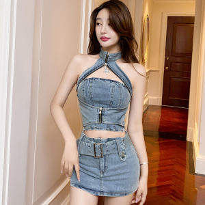 Denim hanging neck suspender vest zipper outside wear tide