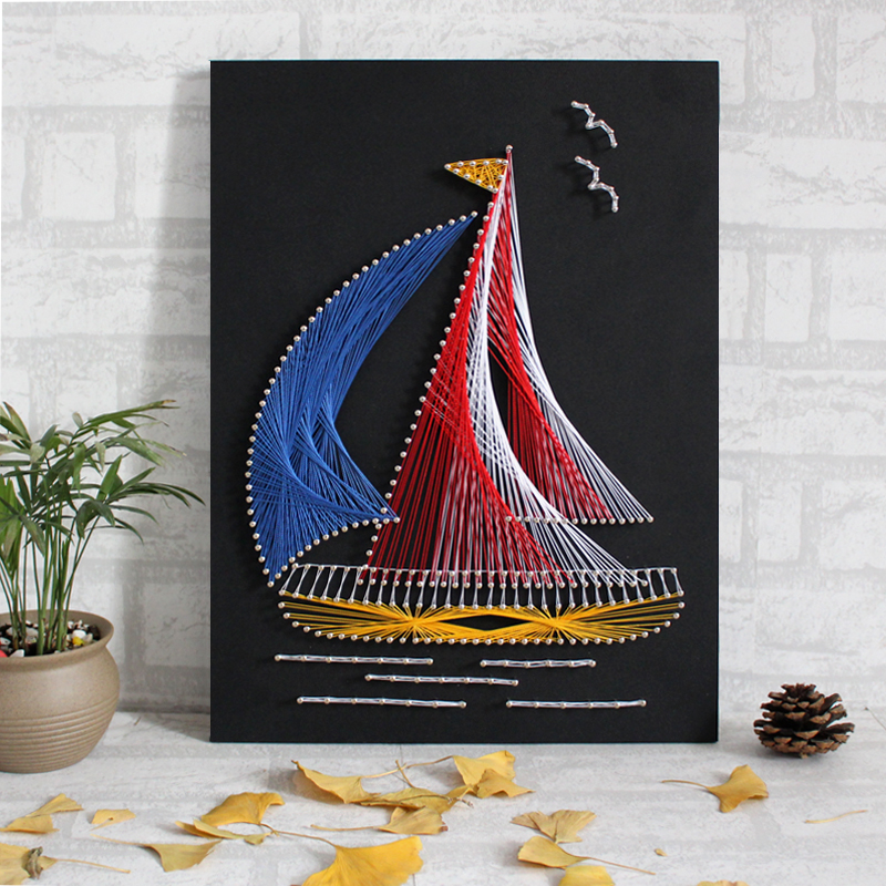 手工制作_一帆风顺&船b纱线画材料包成品 钉子毛线diy制作装饰画优惠