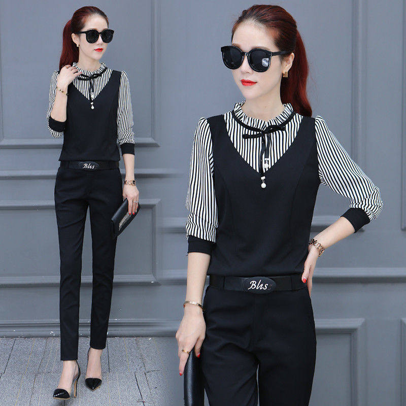 p47时尚气质女装小香风休闲两件套2020女神新款假两件上衣套装潮