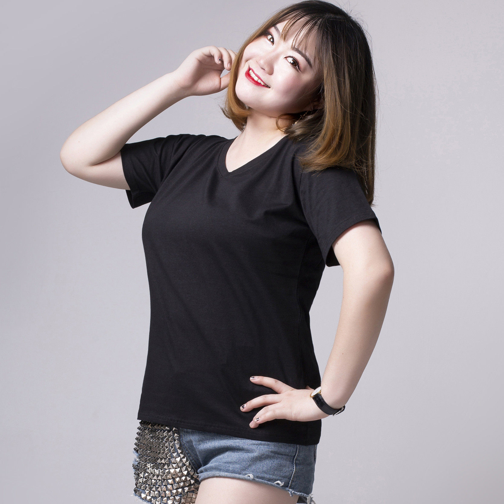 热销胖妹妹半截袖_加肥大码微胖妹妹前后v领短袖t恤女