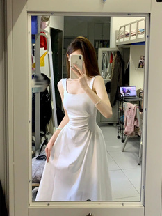 小个子白色无袖吊带连衣裙女150法式方领收腰显瘦高级气质长裙xs