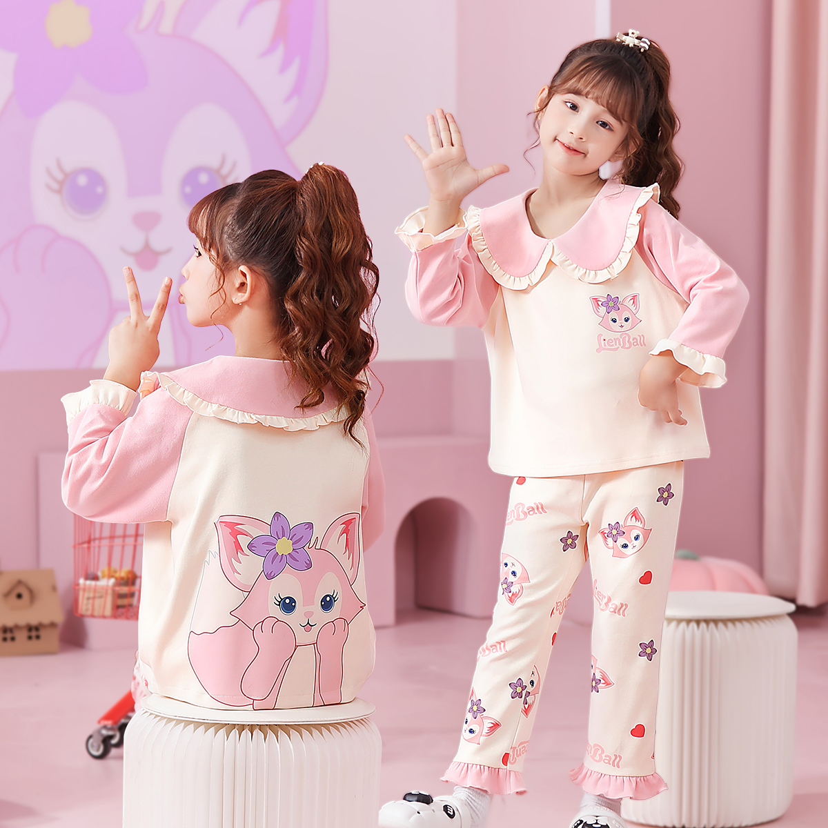 春秋纯棉女童家居服套装全棉女童睡衣儿童居家套头公主长袖内衣裤