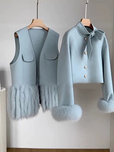 今年流行爆款小香风高级感小洋装蓝色马甲毛呢外套两件套装女秋冬