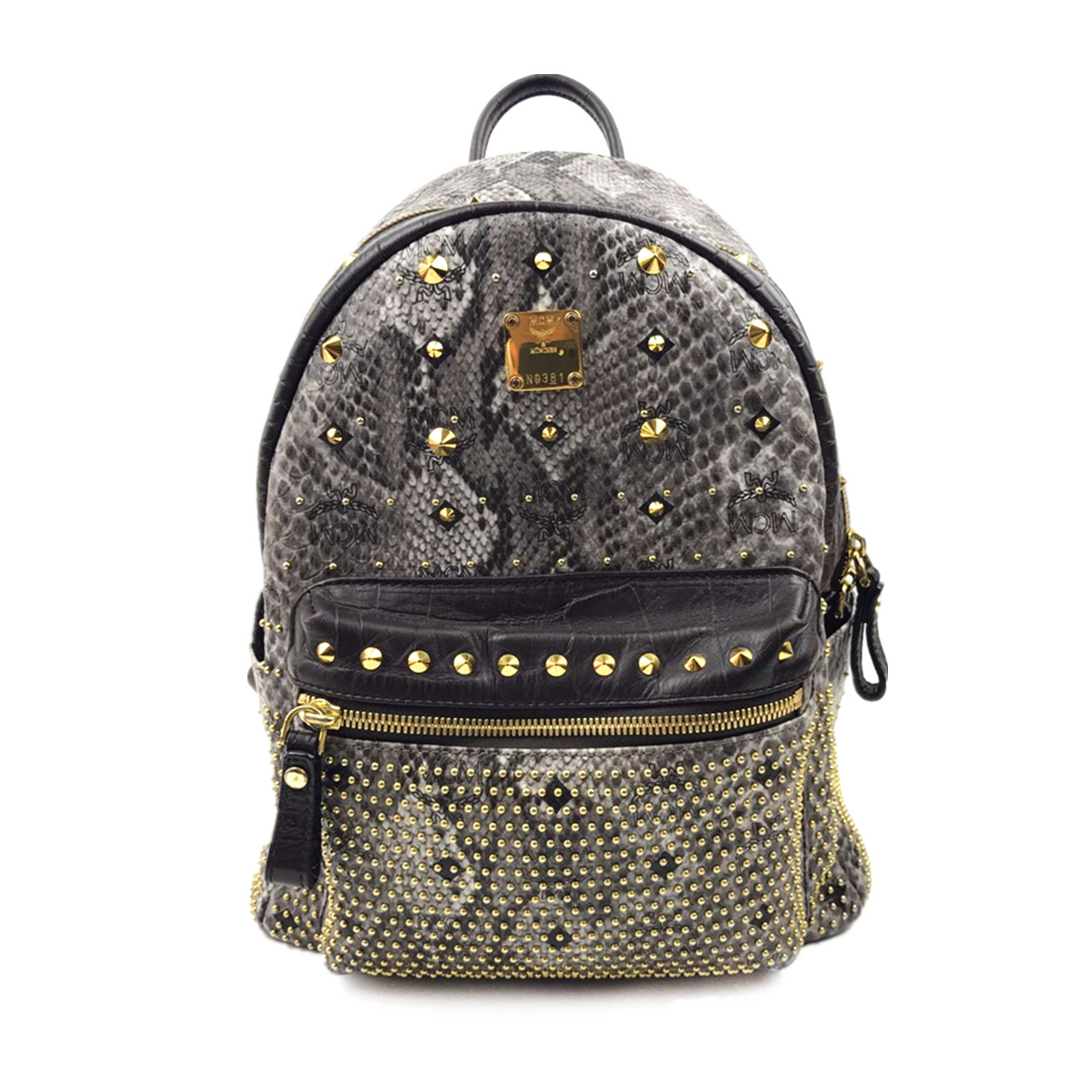 [9.5新]mcm中性黑灰色蛇皮纹路牛皮铆钉双肩包