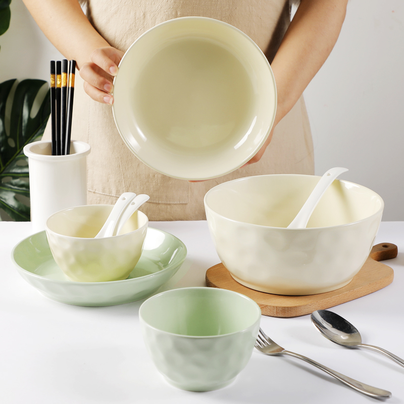 奶油风家用碗碟套装陶瓷石头纹饭碗盘子菜盘组合创意个性大号汤碗