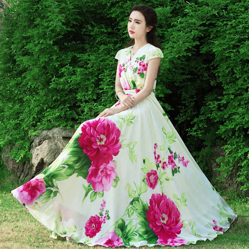 夏装复古v领长款花色度假大摆沙滩裙气质修身印花短袖雪纺连衣裙