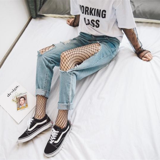 渔网裤破洞牛仔女