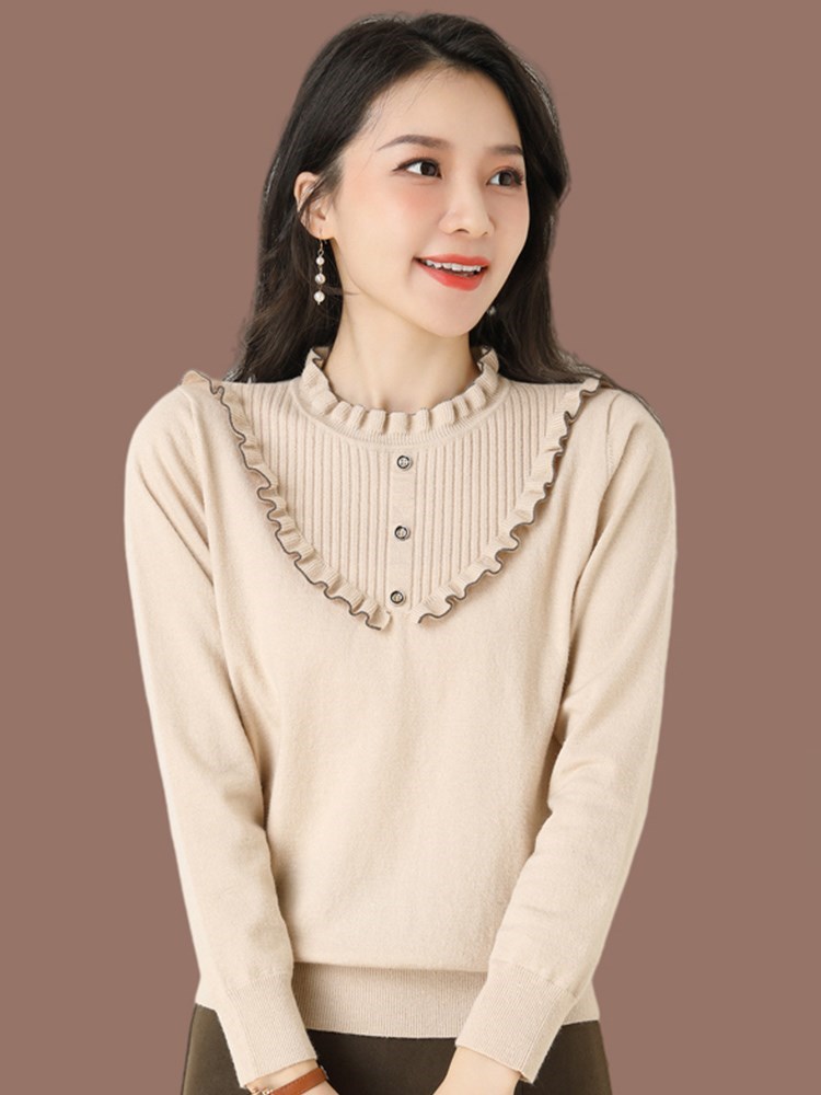 妈妈春装上衣女木耳领长袖毛衣打底衫中年轻洋气小衫时尚高贵春秋
