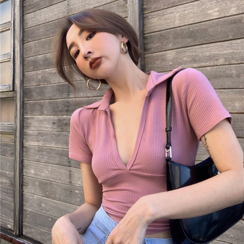 性感上衣女辣妹低胸v领夏季新款薄款露脐高腰欧美风短款t恤短袖潮
