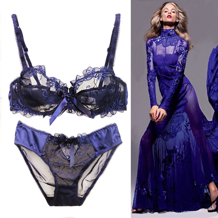 热销超薄胸罩套装_内衣女蕾丝超薄款内衣文胸套装半透明大码女士胸罩