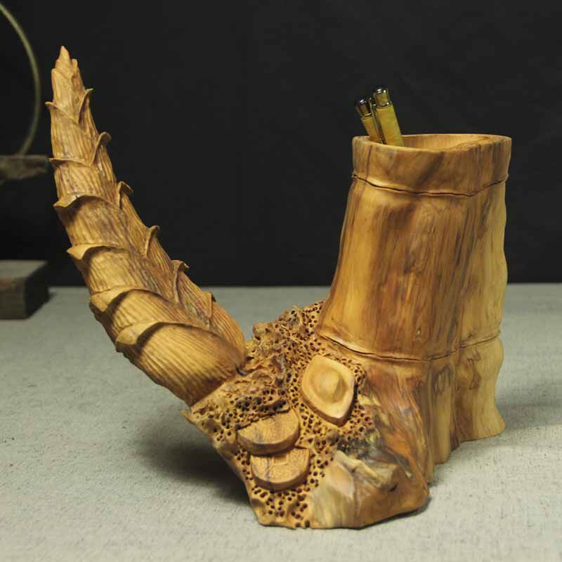 精品根雕笔筒《步步高升》 红豆杉木雕刻书房办公桌面工艺品