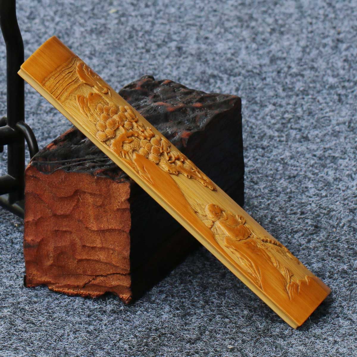 黄山冬竹《听泉图》臂搁 高级工艺美术师蒋永青精品