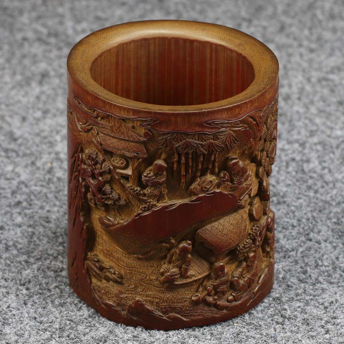 陈年老竹笔筒《怡乐》竹刻名师郑影君精品