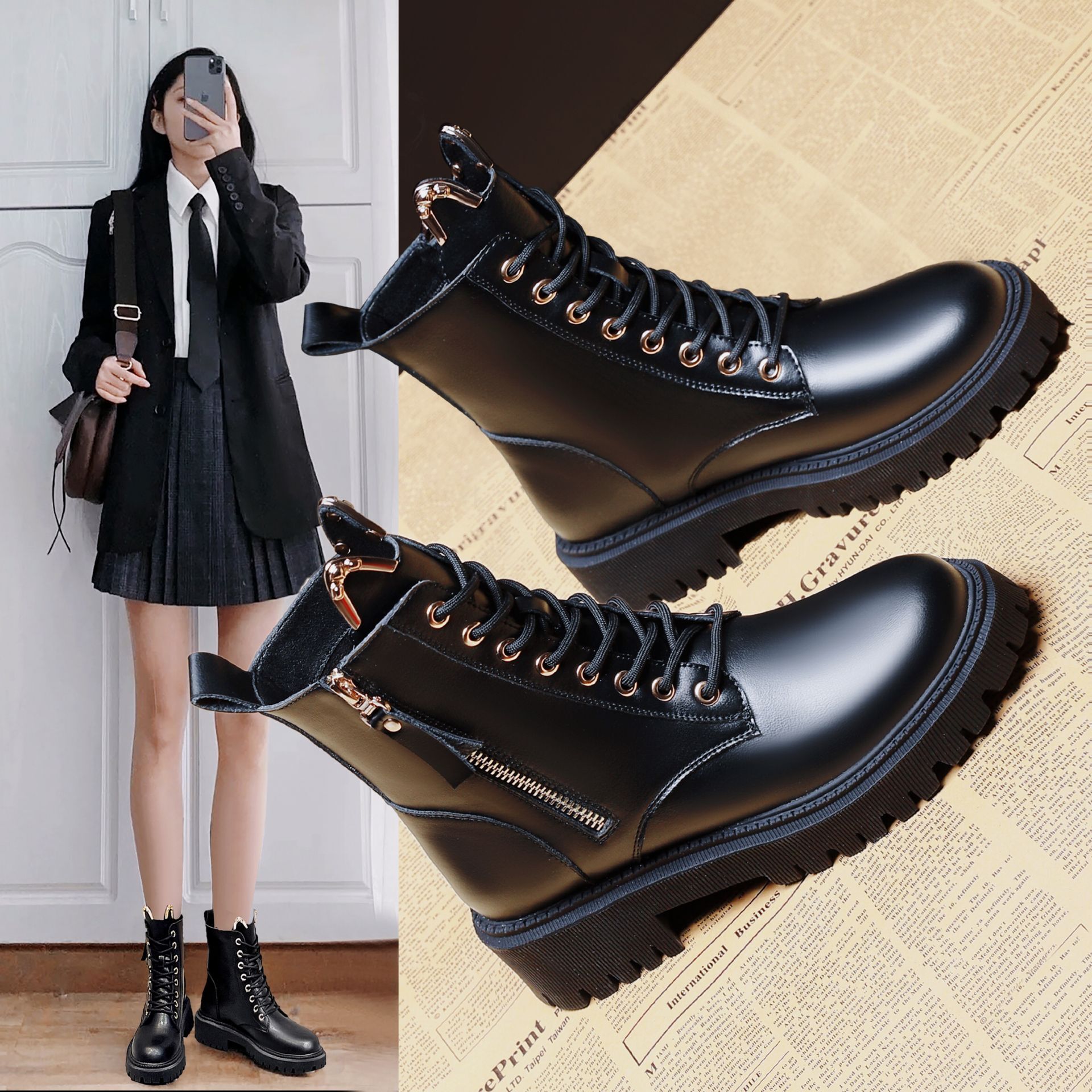 马丁靴女内增高短筒