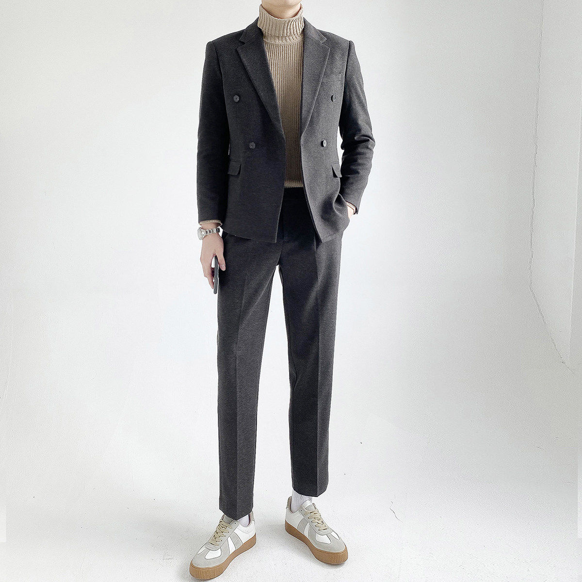 冬季毛呢双排扣西服套装男潮流修身休闲正装结婚痞帅小西装男厚款