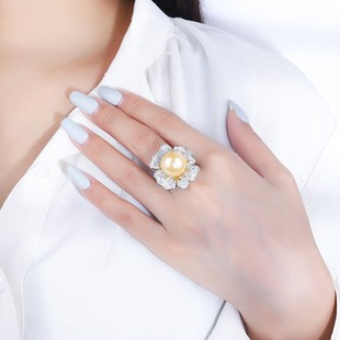 精工仿南洋海水金珠正圆戒指镀18k白金立体花朵戒托大黑珍珠指环