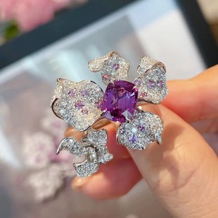 原创设计师珠宝夸张海棠花紫水晶宝石立体花瓣戒指食指装饰品活口