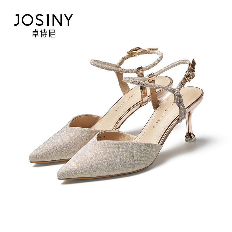 卓诗尼2021夏季新款法式中空细跟包头水钻高跟鞋仙女风尖头凉鞋女