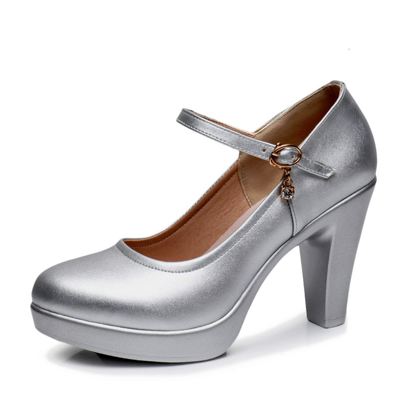 银色旗袍t台走秀鞋女真皮粗跟防水台一字扣圆头模特演出高跟单鞋