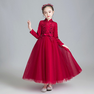 红色儿童晚礼服公主裙女童蓬蓬婚纱长袖主持人花童钢琴演出服春