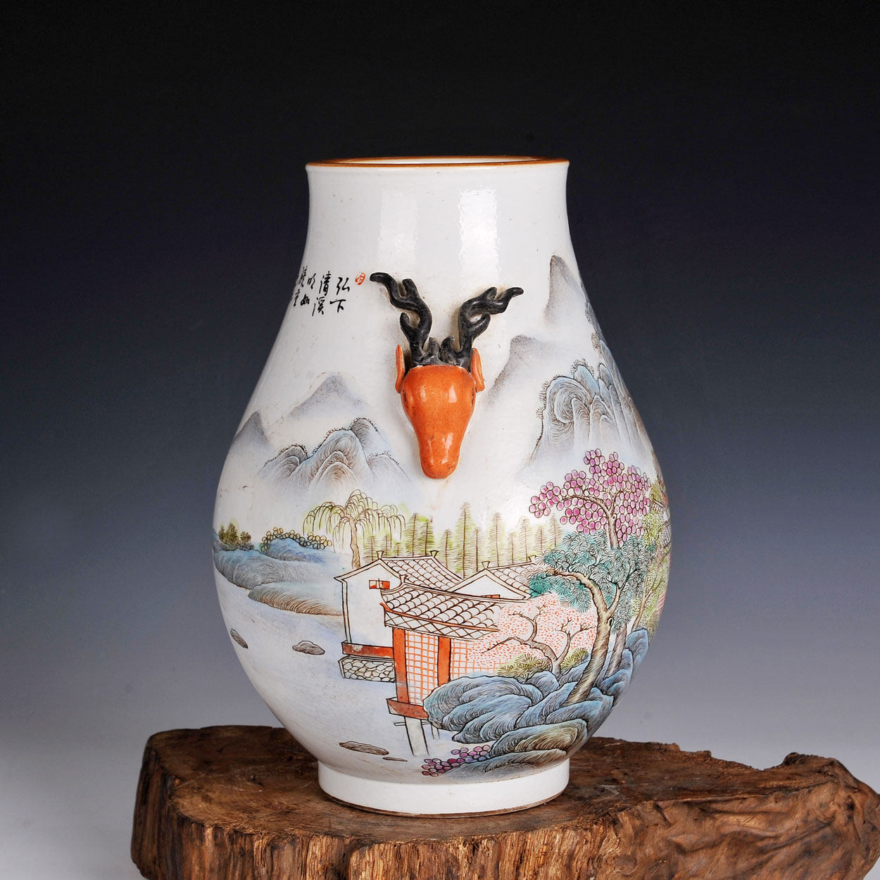 陶瓷名家张志汤 山水双鹿耳尊 郑旗生收藏