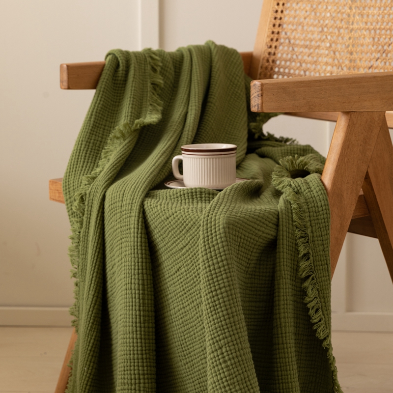 A类墨绿褶皱流苏毛巾被夏季薄款纯棉