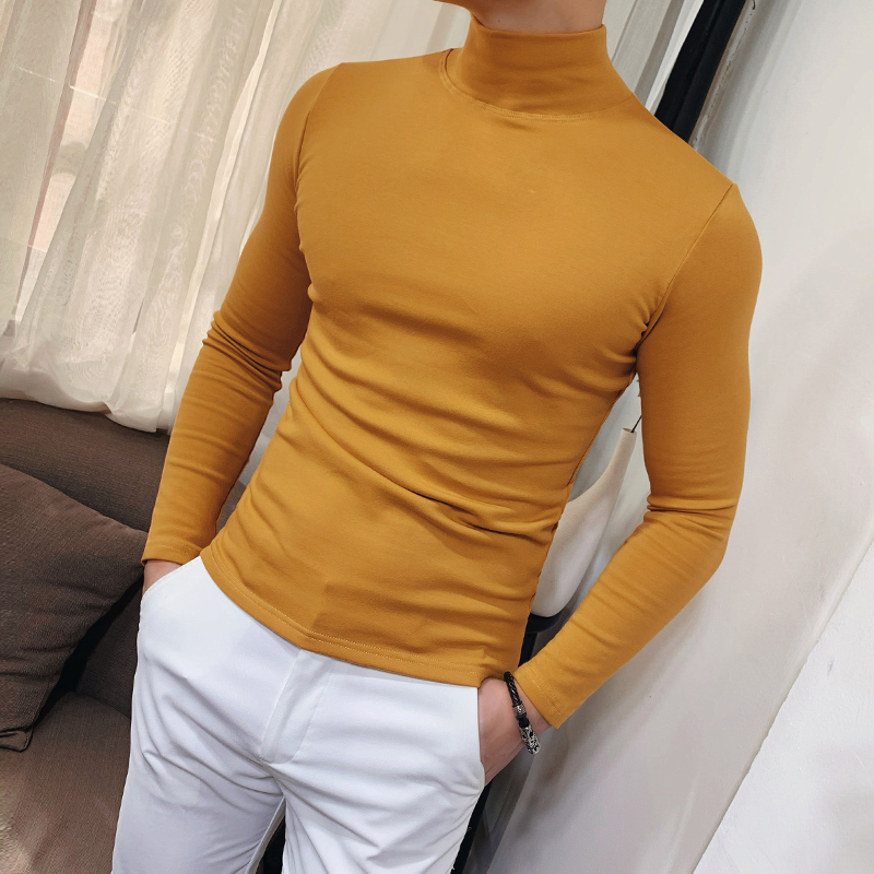 韩版修身纯色百搭高领长袖T恤男加绒加厚潮流青年时尚帅气打底衫