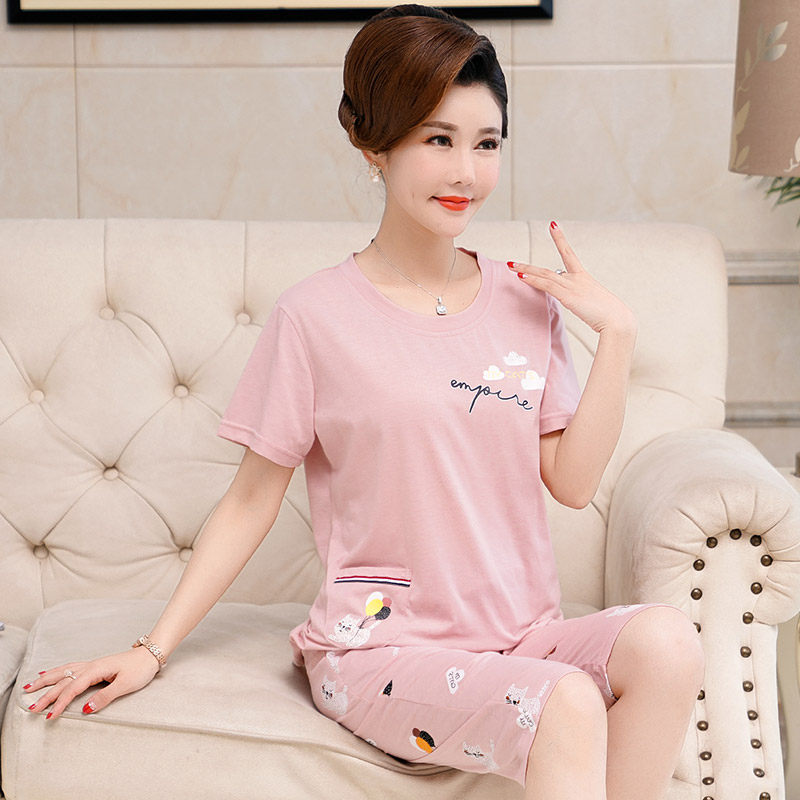 夏天中年妈妈睡衣女士短袖夏装薄款中老年女式家居服大码宽松套装