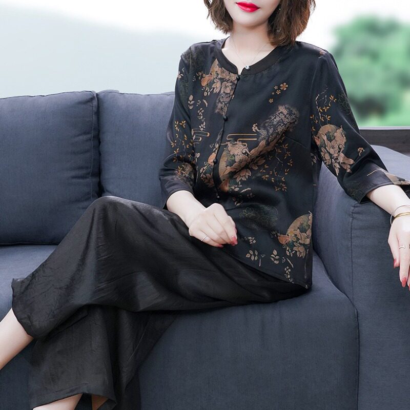 真丝套装女妈妈桑蚕丝高端香云纱上衣阔腿裤两件套蚕素女装旗舰店