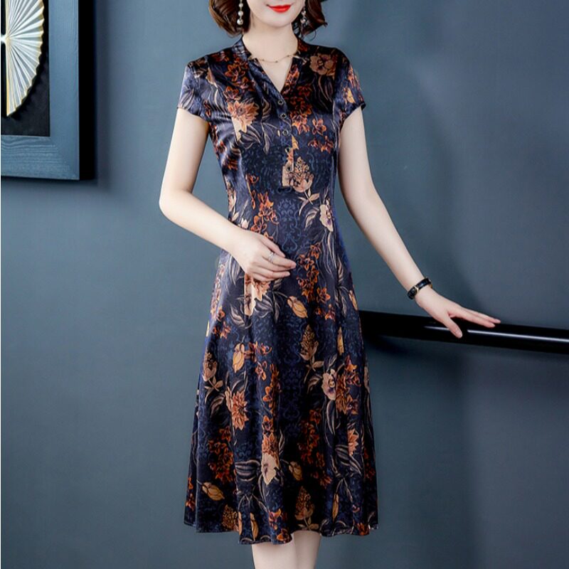 外贸夏季重磅长袖真丝连衣裙正宗香云纱品牌高档长款长裙清仓特价