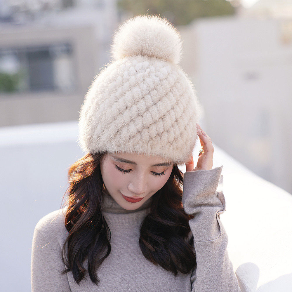新款女士水貂毛帽子编织皮草帽子狐狸毛球菠萝护耳帽冬天加厚弹力