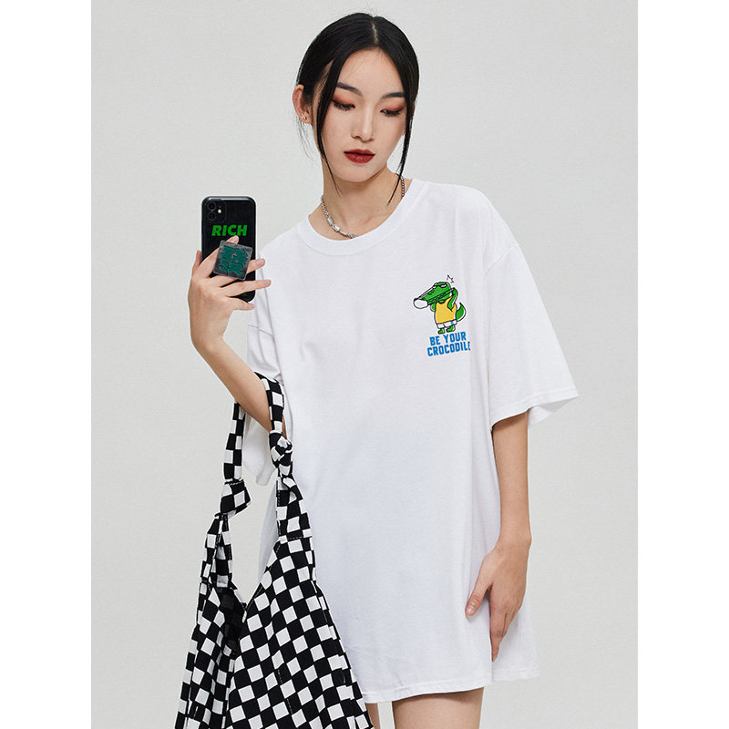 zuobeika白色t恤女短袖厚版丝印鳄鱼图案宽松情侣装纯棉圆领半袖