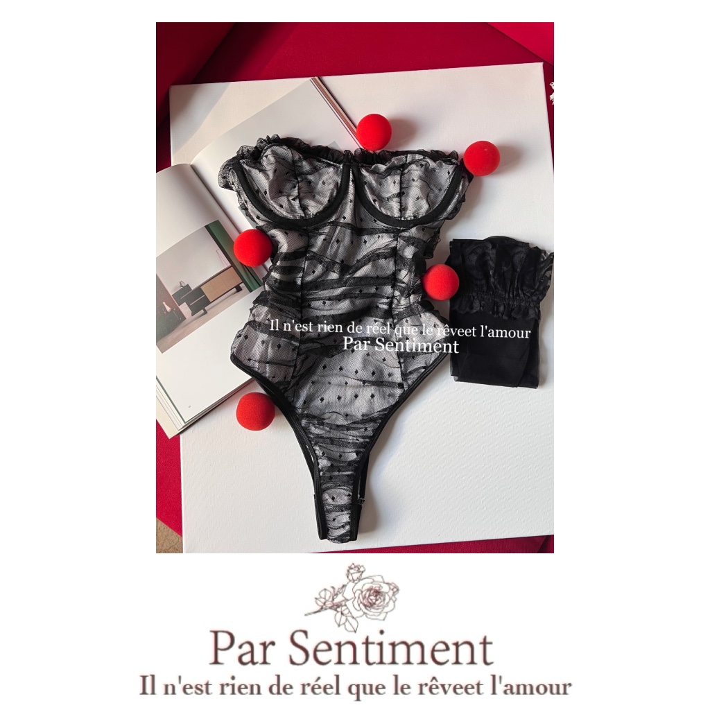 Par Sentiment 【秘密】巨显腿长蕾丝波点抹胸性感内衣外穿连体衣