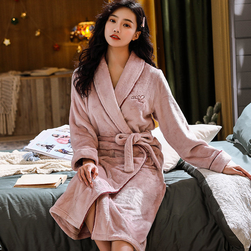 睡衣女秋冬季加厚睡袍法兰绒长款浴袍女士珊瑚绒春秋款家居服晨袍