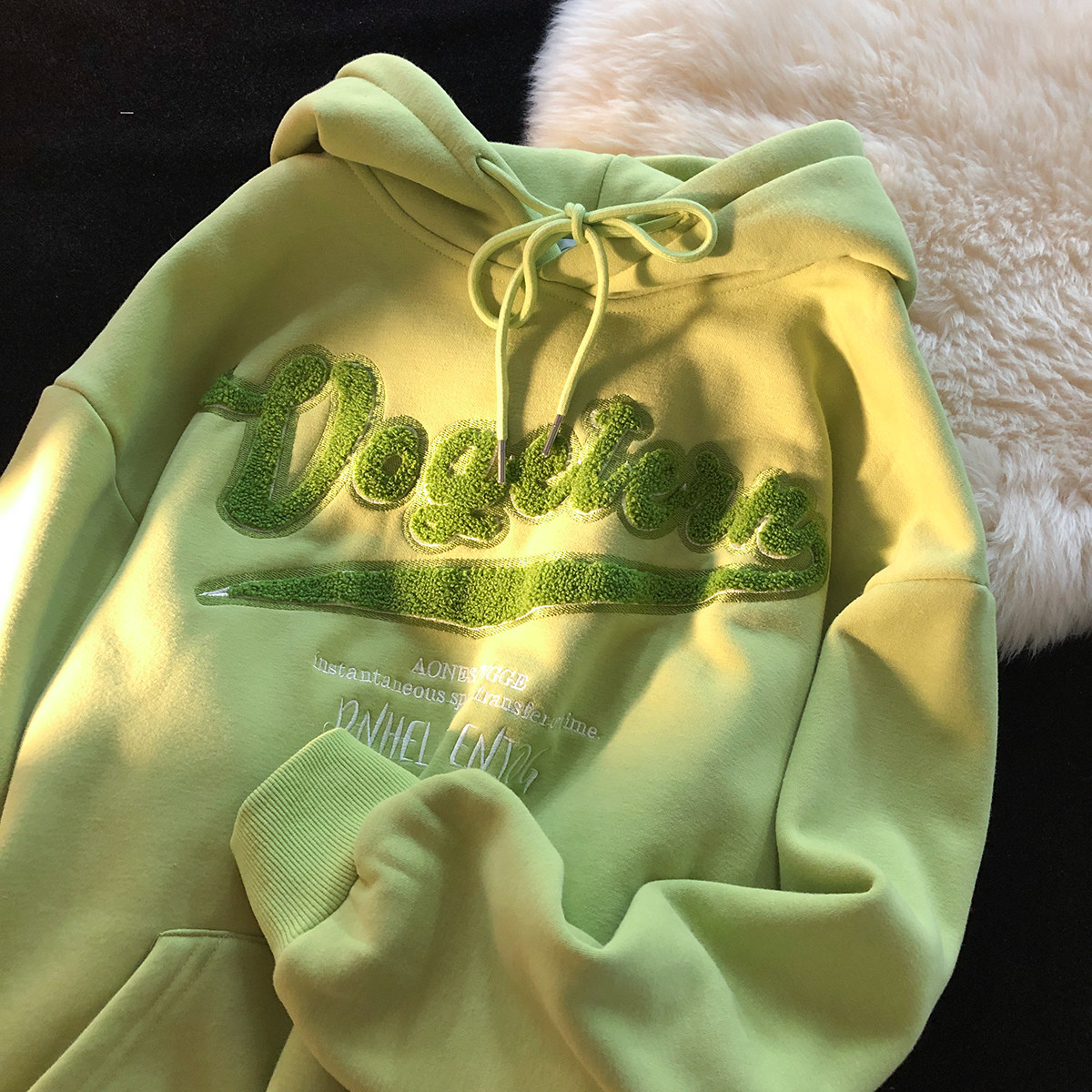 jew4room奶系亮绿色美式复古植绒长袖卫衣男连帽宽松vintage古着