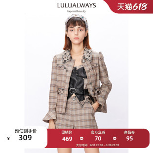 LULUALWAYS【商场同款】复古气质喇叭袖拼接格子短外套女荷叶袖