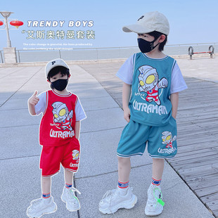 奥特曼衣服男童发光短袖套装夏季2024新款宝宝薄款运动儿童两件套