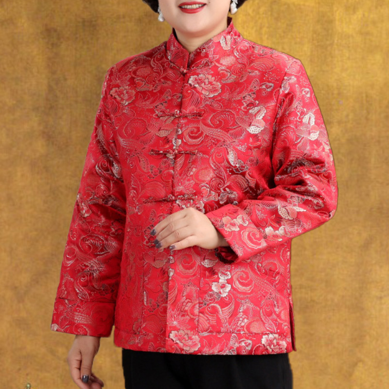 秋冬女士龙凤唐装中式盘扣立领红色丝绸缎外套棉衣棉袄上衣早春装